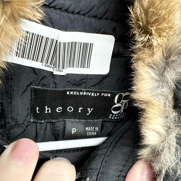 THEORY Jacket Women Size P/ Small Black Full Zip Hooded Double Pocket Black Fur - Picture 2 of 4